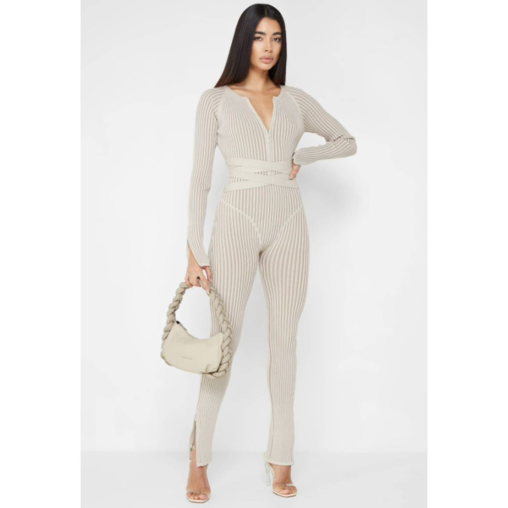 MANIERE DE VOIR Beige/Taupe Belted Knitted Two Tone Jumpsuit
